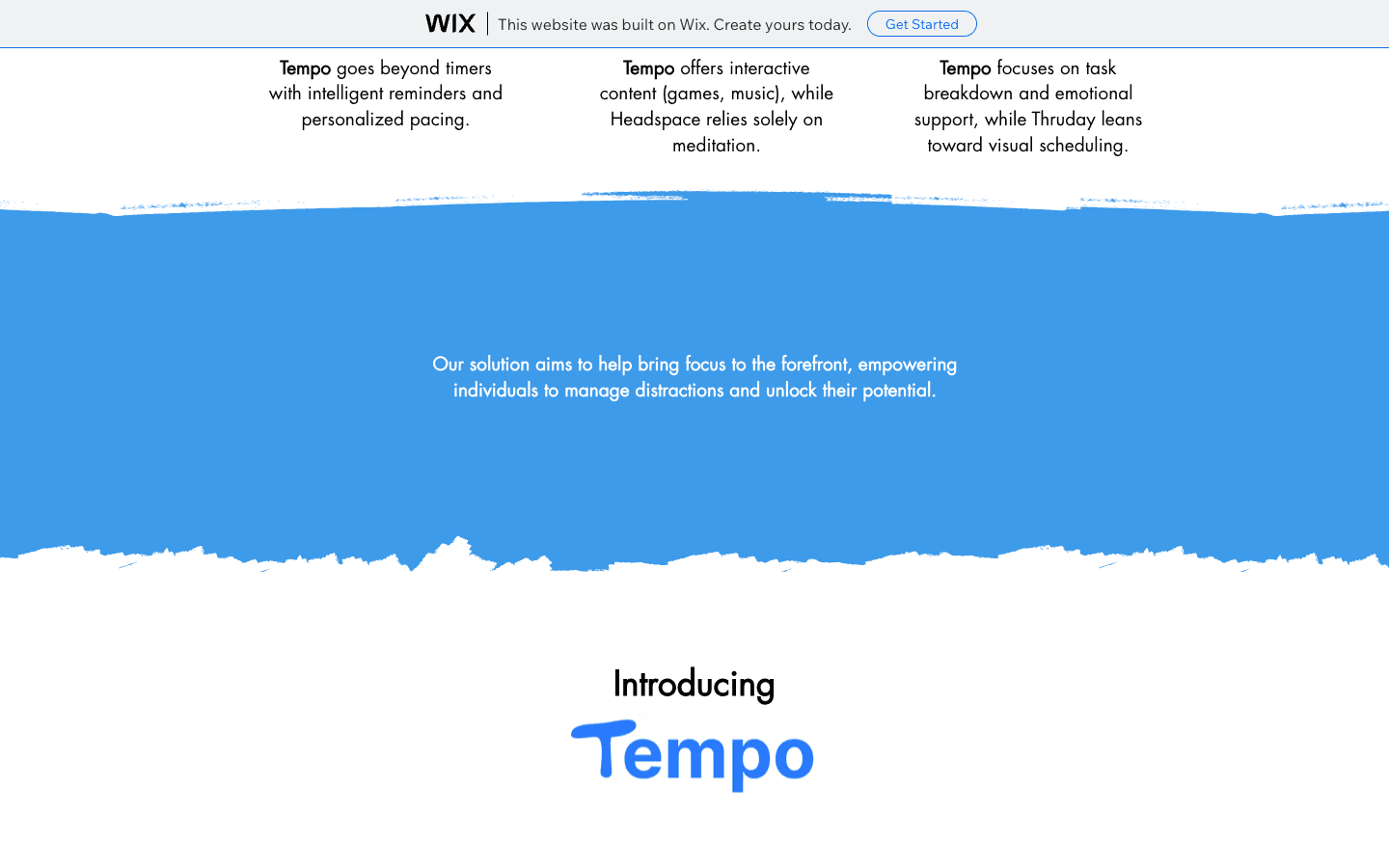 Tempo solution section introducing the product in a blue and white visual system.