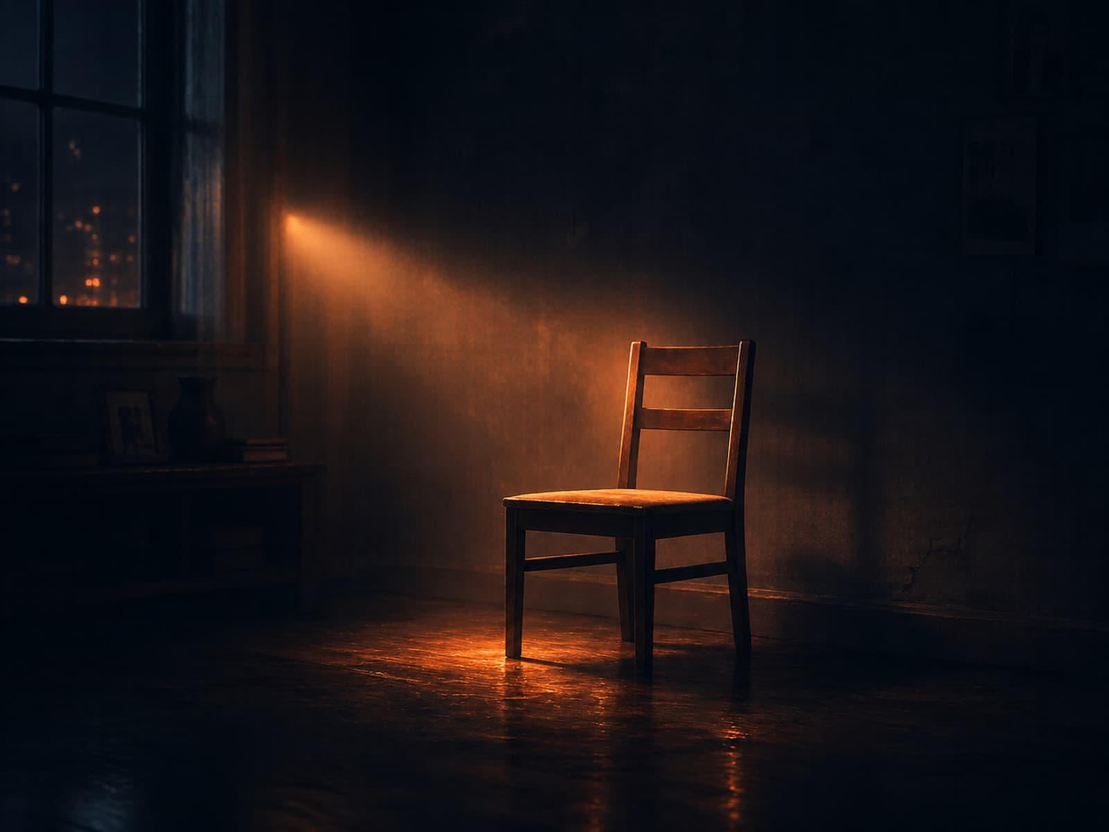 An empty wooden chair lit by a single shaft of warm light in a darkened room.