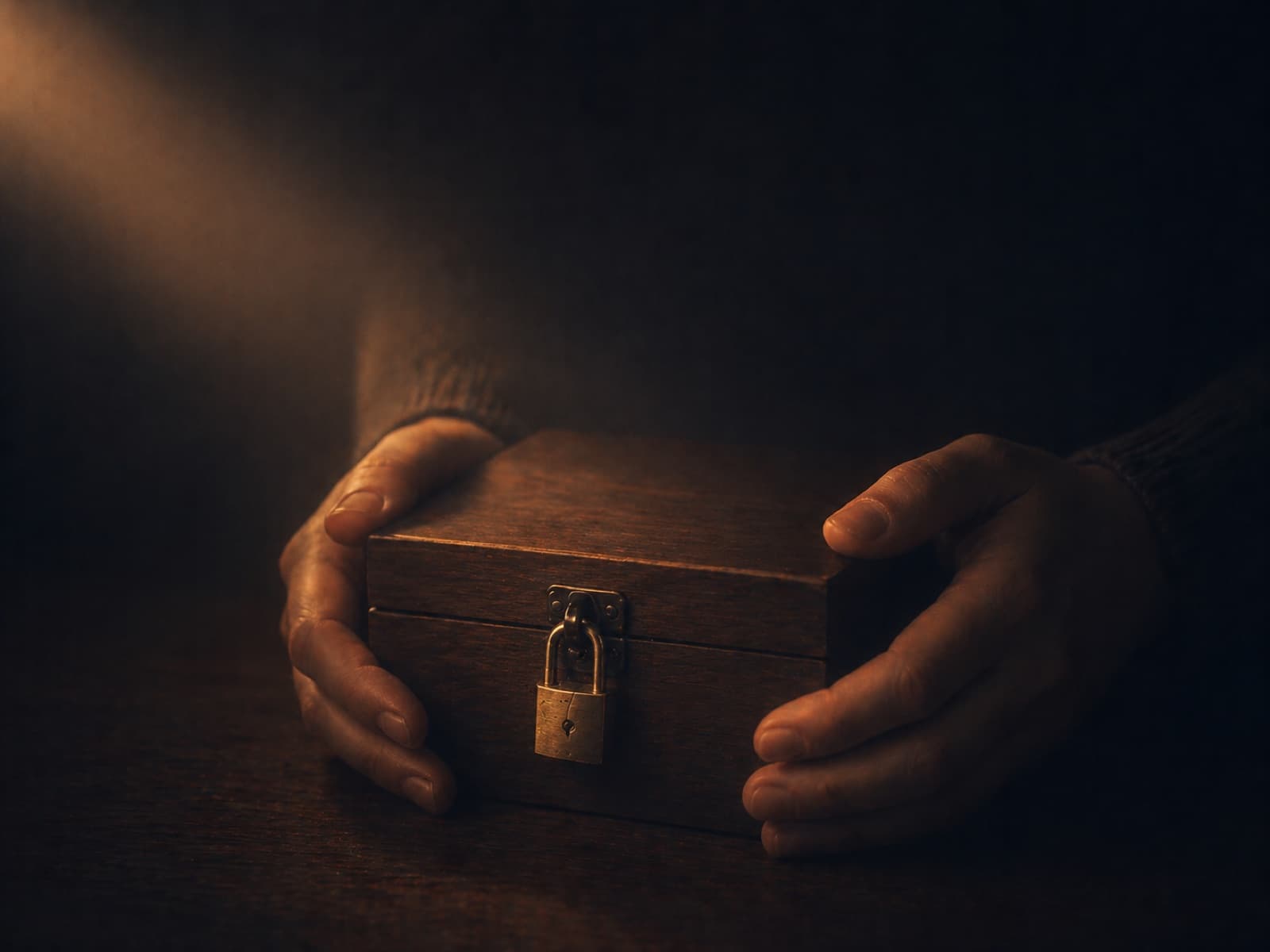Two hands cradling a small wooden box closed with a brass padlock, lit from above.
