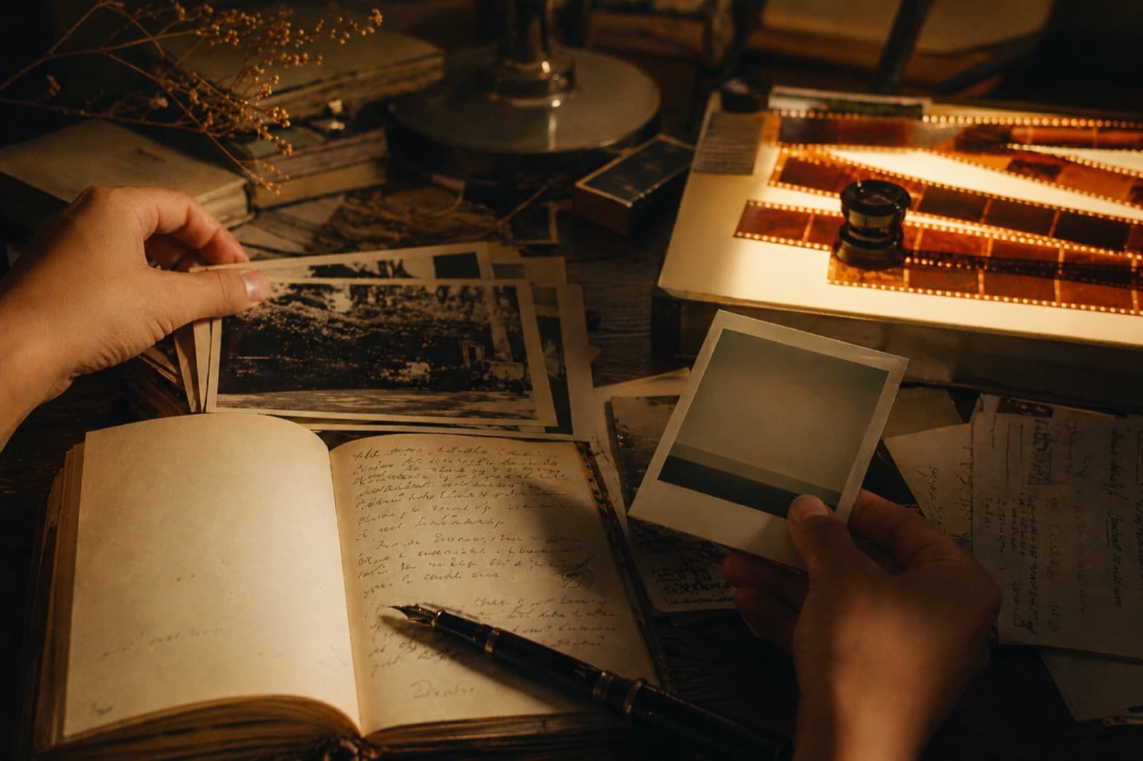 A journal open on a desk, surrounded by old photographs, a polaroid being held, a light box of film negatives — lit warmly in low light.