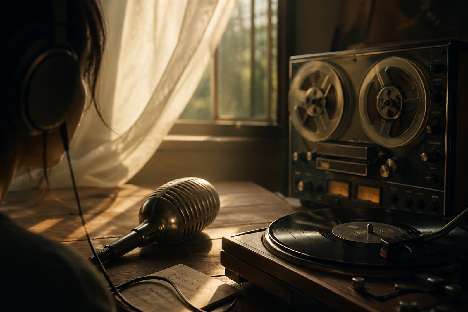 A vintage condenser microphone and reel-to-reel tape recorder on a desk, lit by morning light through a curtained window.